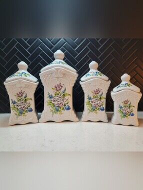 Set Of 4 Delfts Hand Made White Floral Ceramic Canisters